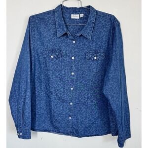 Vermont Country Store Floral Chambray Long Sleeve Button Up Shirt 1X Cottagecore